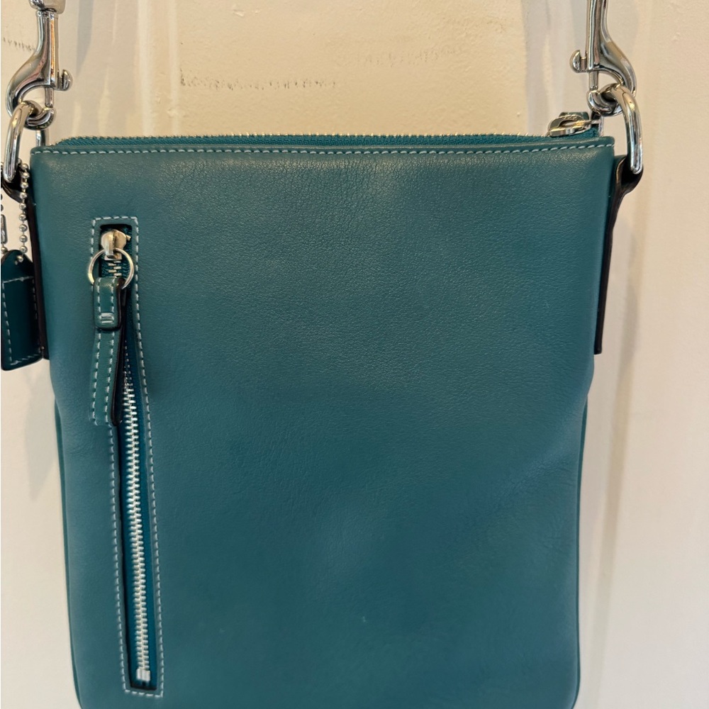 Coach Teal Crossbody Bag with Tan Web Adjustable Strap - Picture 5 of 13